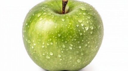 Closeup of a Green Apple with Water Droplets on White Background