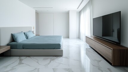 A minimalist bedroom with smooth white marble floors, soft white walls, and a soft blue-gray bed with a simple headboard