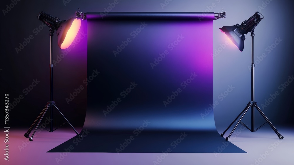 Aufkleber studio backdrop illuminated with two photographic lights creating a vibrant gradient of purple and o