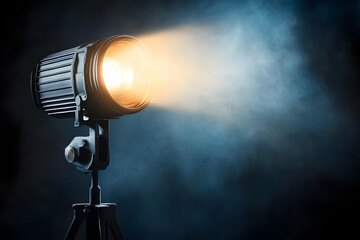 Fototapeta premium A professional spotlight illuminating a dark space, creating dramatic effects with light and shadow in a theatrical environment.