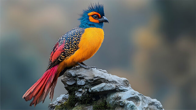 Majestic Himalayan monal perches on rocky ledge, its vibrant feathers shimmering, symbolizing resilience in high-altitude landscapes