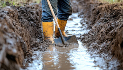 A man is working in muddy wellington boots, using a shovel to dig a trench in a wet, outdoor area. The sun shines overhead, illuminating the task