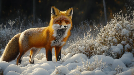 Majestic red fox stands in frosty woodland, its bushy tail and sharp gaze embodying adaptability and cunning in the changing seasons