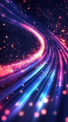 Obraz premium Luminous curved lines in vibrant pink and blue tones with sparkling particles creating a dynamic visual effect for backgrounds