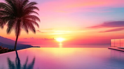 Serene sunset view over a tranquil infinity pool with palm trees and distant mountains