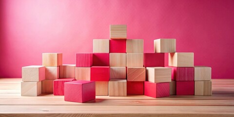 Obraz premium A playful arrangement of wooden blocks in varying shades of pink and natural wood tones, meticulously stacked on a light brown wooden surface against a vibrant pink backdrop