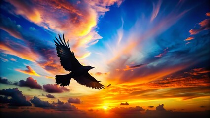 Silhouette Bird Flight, Colorful Sunset, Nature Photography