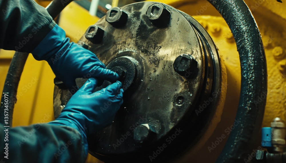 Poster an engineer is focused on maintaining large mechanical machinery, adjusting components for functiona