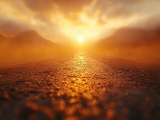 Golden hour sun illuminating a path through misty mountains creating a warm atmospheric landscape and a sense of adventure and solitude