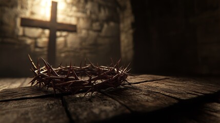 Fototapeta premium Detailed Crown of Thorns on Cross in Somber Setting