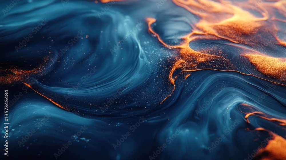 Poster abstract swirls of deep blue and orange liquid. intricate patterns of flowing colors, with hints of 