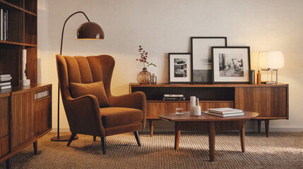 Mid-Century Modern Living Room Interior Design. Cozy mid-century modern living room with warm lighting, wooden furniture, and stylish decor in a minimalist, retro-inspired setting.