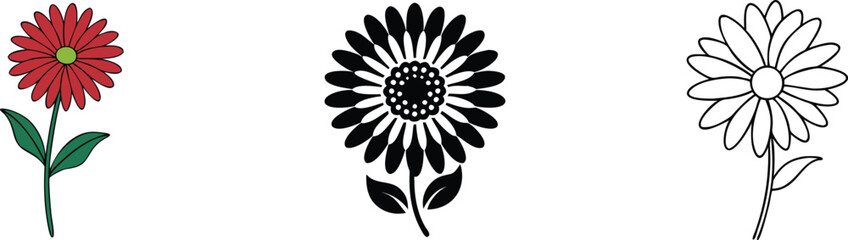 Red, Black, and Outline Flower Designs Simple Floral Illustrations