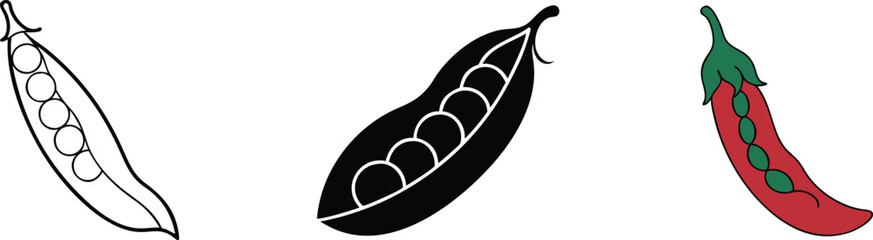Pea Pod Variations Line Art, Silhouette, Chili Pepper