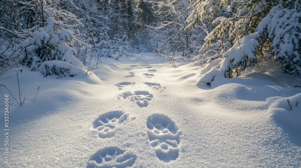 Poster soft bunny paw prints in the snow, leading through a forest path during winter.
