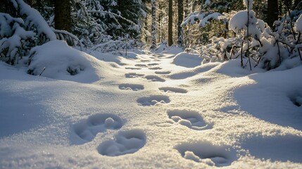 Soft bunny paw prints in the snow, leading through a forest path during winter. 