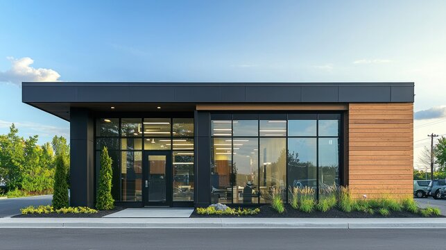 The exterior of a modern small business with sleek architecture and a welcoming entryway. 