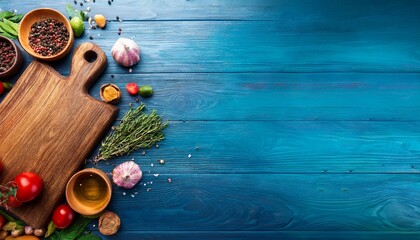 cooking background with cutting board spices herbs and vegetables on a wooden kitchen table top view with copy space