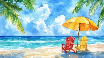 Obraz premium Watercolor illustration of a tropical beach scene with two umbrellas