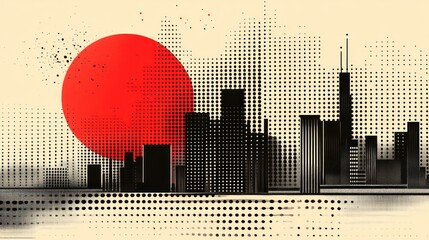 Stylized cityscape with a large red sun.