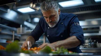 Experienced chef meticulously plating exquisite appetizers in professional kitchen