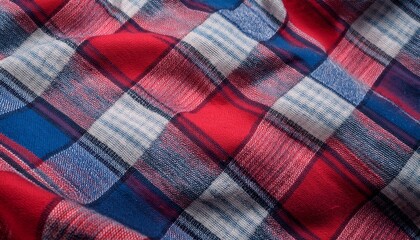 a close up of a red blue and grey plaid fabric