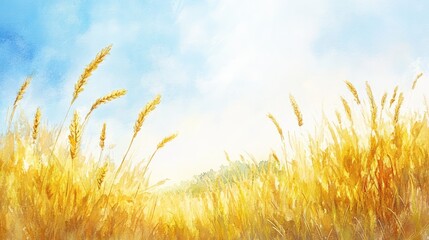 a painting of a field of rice with a blue sky and clouds in the background