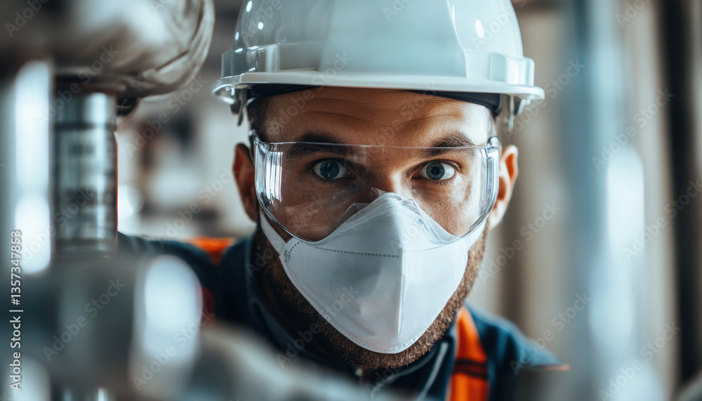 Poster a masculine individual with a stern expression wears protective goggles and a mask while working in 