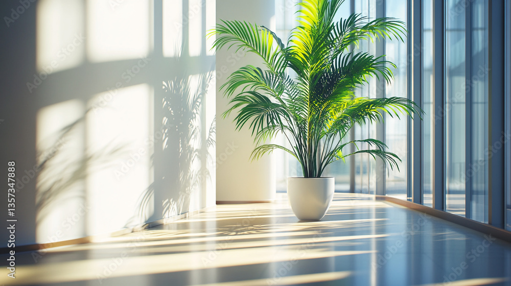 Poster a potted palm in a bright hallway with light streaming through the windows and casting shadows on wa