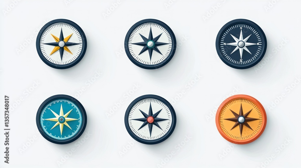 Poster A clean and simple vector illustration of compass icons, each with a unique directional arrow. 