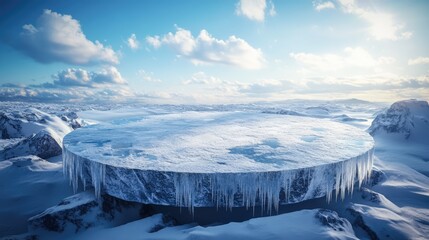 an image of an ice circle in the middle of a snowy field with blue sky