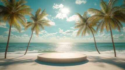 a beach scene with palm trees and the sun shining through the clouds above the ocean