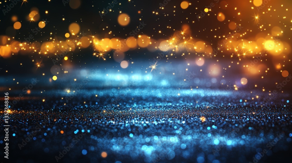 Poster dark shimme background filled with sparkling blue and gold particles creating a magical bokeh effect