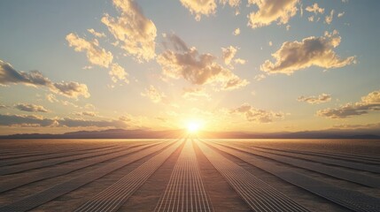 n image of solar panels with the sun in the background and clouds in the sky