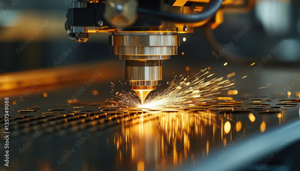 Poster a laser cutting machine is actively processing metal, creating sparks that illuminate the workshop w
