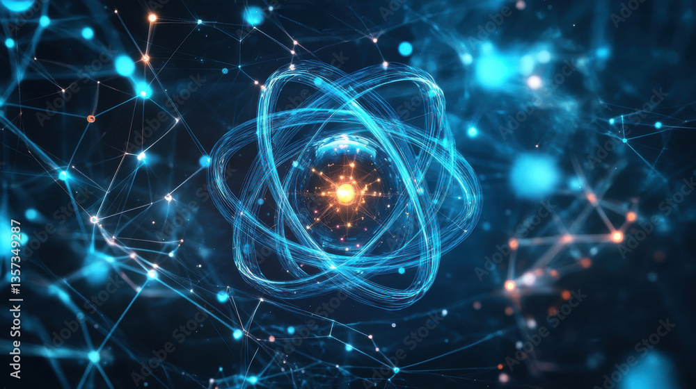 Poster a glowing atom is depicted at the center of a network of interconnected particles, showcasing advanc