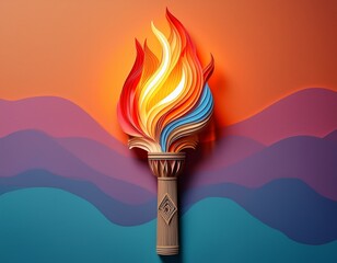 glowing olympic torch against a gradient of victory colors in paper cut style