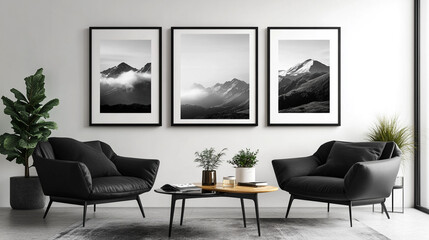 Living room with black armchairs and mountain themed framed art on a white wall above the furniture