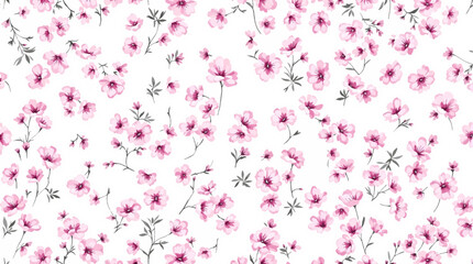 Watercolor seamless pattern pink small flowers on the white background
