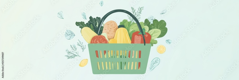 Poster Fresh vegetables and fruits in a green shopping basket on a soft pastel background with a minimalistic clean design Generative AI