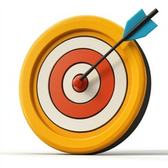 An arrow has successfully hit the bullseye on a target, showing precision and skill. The setting is an outdoor area with clear skies, ideal for archery practice and sports activities