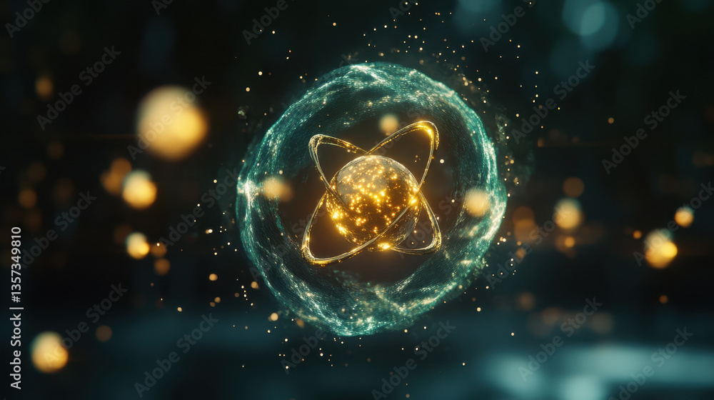Poster vibrant 3d animation showcases a glowing atom surrounded by orbiting particles, creating a stunning 