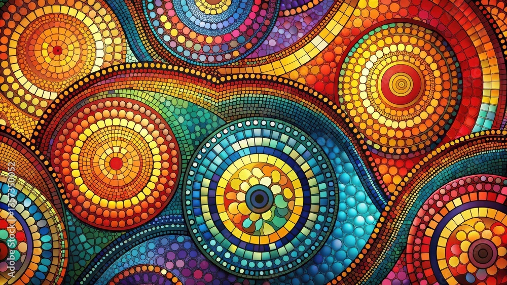 Poster vibrant circular mosaic pattern featuring interlocking colorful circles and decorative shapes in a s