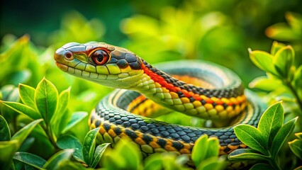 Obraz premium Garden Snake in Lush Green Garden - Copy Space for Text