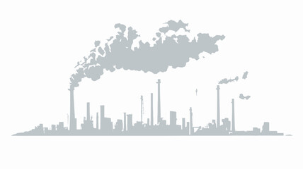 Monochrome illustration depicting a silhouette of an industrial complex emitting large plumes of dark smoke against a white background. The image is predominantly grayscale, with varying shades of