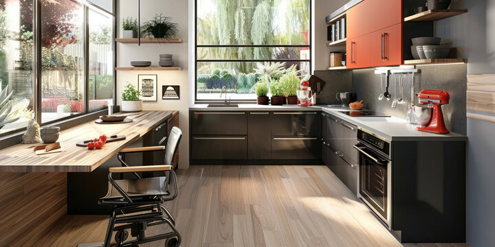 Kitchen with adjustable-height counters and pull-out shelves designed for wheelchair accessibility