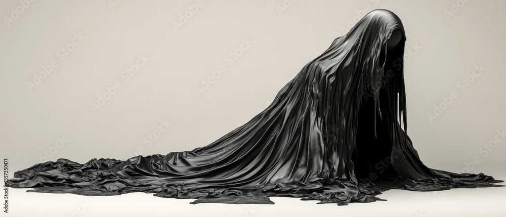 Poster dramatic black fabric draped over abstract form in studio setting creates ethereal and mysterious vi
