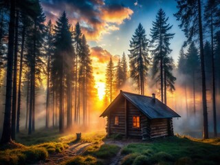 Silhouette of Rustic Log Cabin in Misty Forest at Sunset