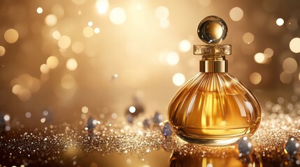 Luxurious golden perfume bottle with shimmering reflections and spheres