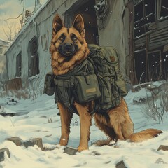 Heroic Canine Companion Exploring Snow-Covered Ruins in Military Gear